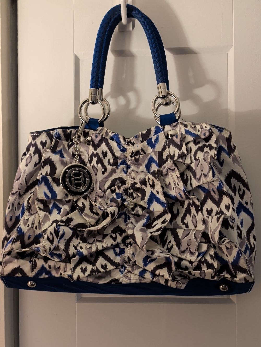 Bebe Blue Patterned Ruffle Tote Bag